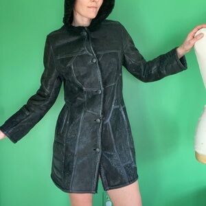 Vintage black shimmer hooded genuine shearling coat leather retro patchwork